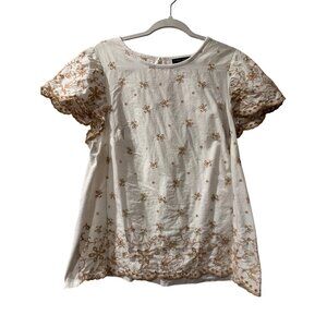 Lane Bryant  White & Beige Embroidered Cotton Blend Short Sleeve Tunic Top